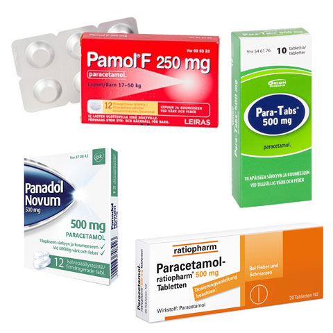 Парацетамол: Памол, Панадол, Парацетамол ратиофарм, Пара-Табс (Pamol, Panadol, Paracetamol ratiopharm, Para-Tabs)